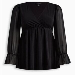 torrid Black V-Neck Surplice Babydoll Top with Sheer Bell Sleeves